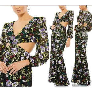 NWT MAC DUGGAL 5566 FLORAL SEQUIN CUT OUT DRESS BLACK SZ 10 $598